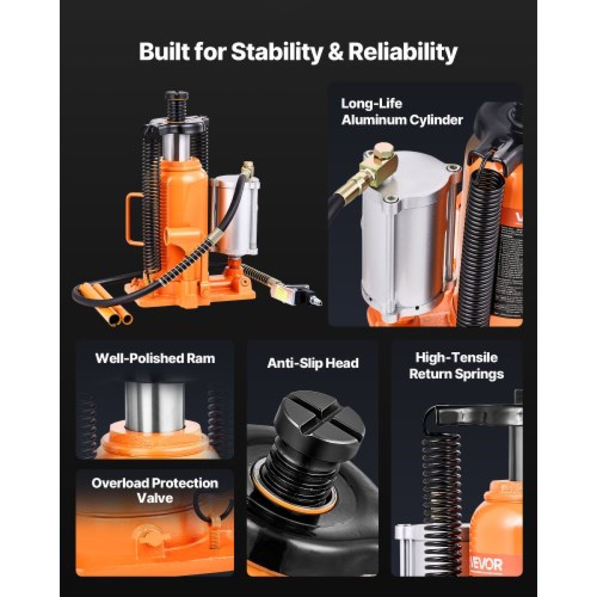 VEVOR Air Hydraulic Bottle Jack, 20 Ton (44092 lbs) Χωρητικότητα, Εύρος ανύψωσης 260-495 mm, Πνευματικό/Χειροκίνητο Συγκολλημένο γρύλο μπουκαλιών βαρέως τύπου με αντλία για SUV, Pickup, Truck, RV, Επισκευή Αυτοκινήτων, Πορτοκαλί