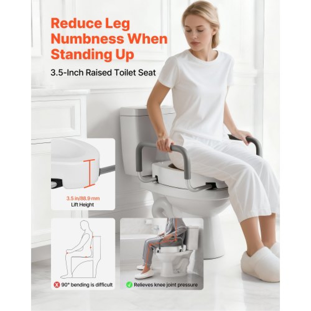 VEVOR Raised Toilet Seat with Arms, 136.1 kg Load Capacity, 88.9 mm Lift Height, Widened Commode Elevated Toilet Seat Riser with Padded Handles for Seniors, Elderly, Handicap, Disabled, and Adults