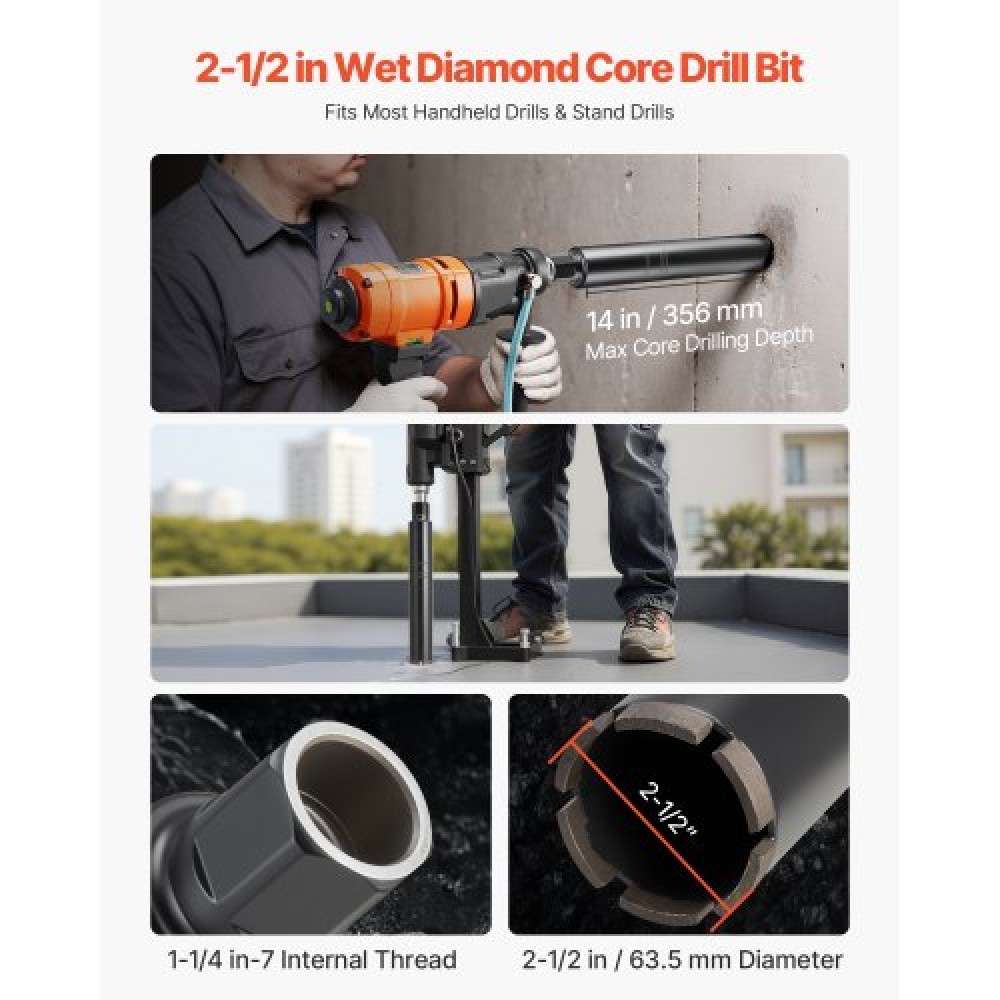 VEVOR Core Drill Bit, 63.5 mm Diameter, 356 mm Drilling Depth, 1-1/4 in-7 Internal Thread, High-Precision Welding Technology, Wet Diamond Core Bit for Reinforced Concrete, Red Bricks, and Masonry