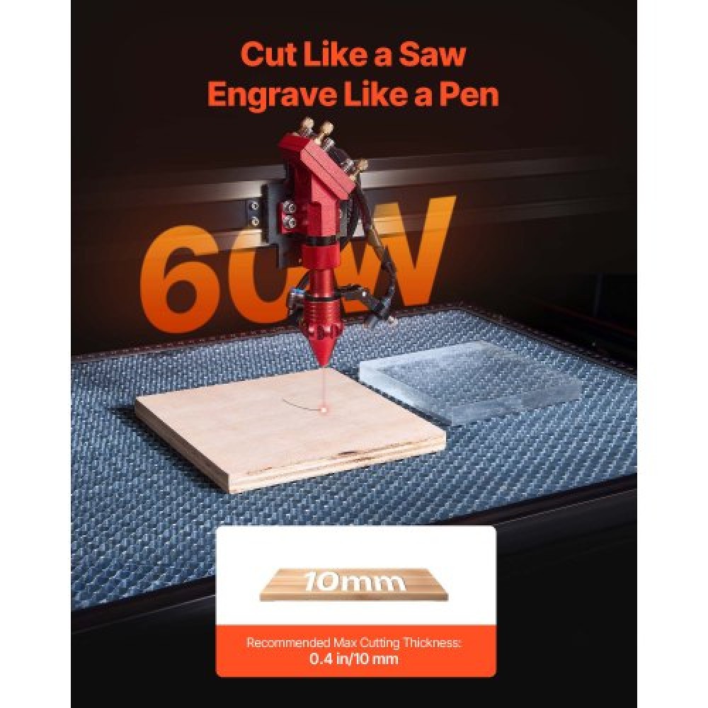 VEVOR 60W CO2 Laser Engraver, 600 x 400 mm, CO2 Laser Engraver Cutter Machine with 4 Way Pass Air Assist, Engraving Cutting Machine, Compatible with LightBurn CorelDRAW RDWorks, for Wood Acrylic Glass