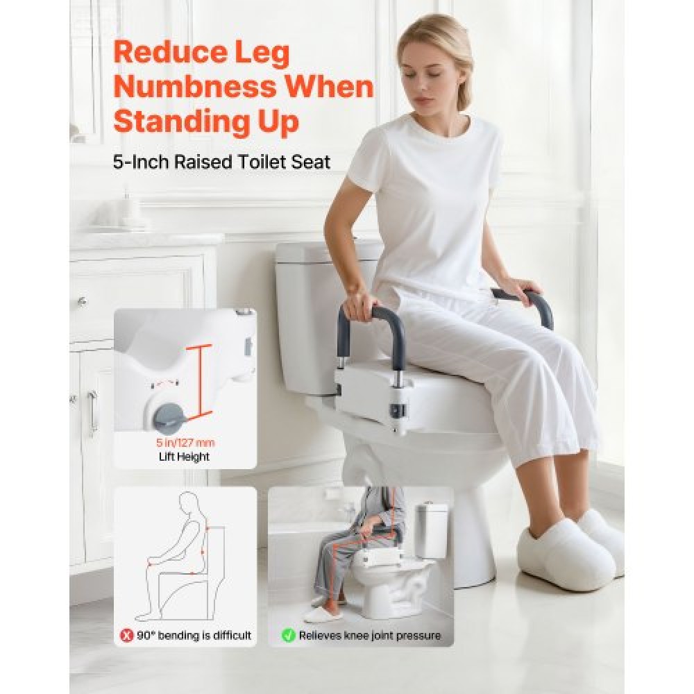 VEVOR Raised Toilet Seat with Arms, 136.1 kg Load Capacity, 127 mm Lift Height, Widened Commode Elevated Toilet Seat Riser with Padded Handles for Seniors, Elderly, Handicap, Disabled, and Adults Use