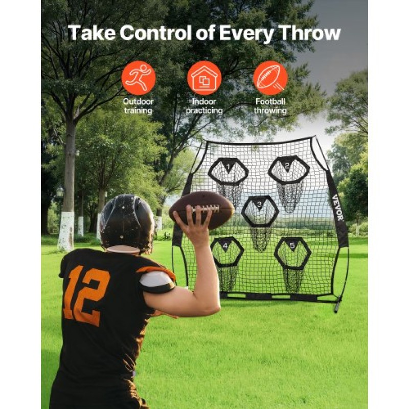 VEVOR 1828.8x1828.8mm Football Trainer Throwing Net, Training Throwing Target Practice Net with 5 Target Pockets, Knotless Net Includes Straps and Portable Carry Case, Improve QB Throwing Accuracy