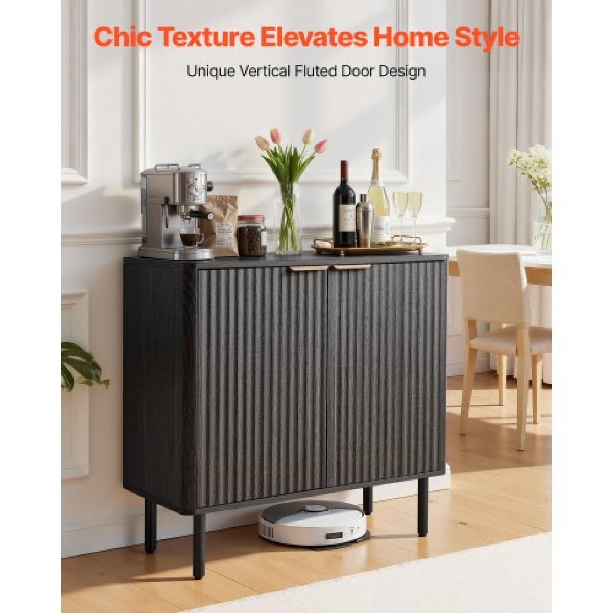 Ντουλάπα καφέ VEVOR, Τραπέζι Coffee Bar Mid Century με αυλακωτό τραπέζι με αποθηκευτικό χώρο 2 επιπέδων, ντουλάπι σε μπουφέ με πόρτα αχυρώνα, μπουφές μπουφέ για σαλόνι, είσοδος, 80 x 37,5 x 80 cm, μαύρο