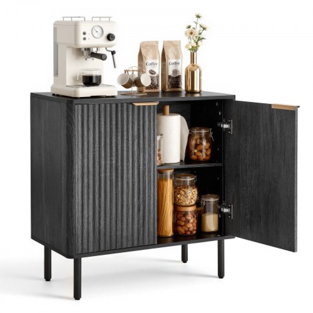 Ντουλάπα καφέ VEVOR, Τραπέζι Coffee Bar Mid Century με αυλακωτό τραπέζι με αποθηκευτικό χώρο 2 επιπέδων, ντουλάπι σε μπουφέ με πόρτα αχυρώνα, μπουφές μπουφέ για σαλόνι, είσοδος, 80 x 37,5 x 80 cm, μαύρο