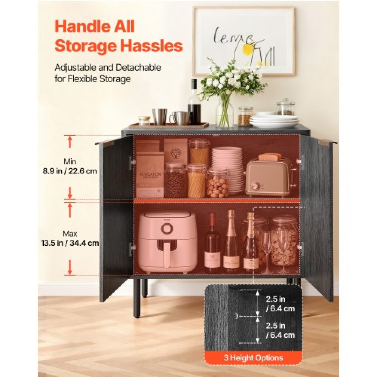 Ντουλάπα καφέ VEVOR, Τραπέζι Coffee Bar Mid Century με αυλακωτό τραπέζι με αποθηκευτικό χώρο 2 επιπέδων, ντουλάπι σε μπουφέ με πόρτα αχυρώνα, μπουφές μπουφέ για σαλόνι, είσοδος, 80 x 37,5 x 80 cm, μαύρο