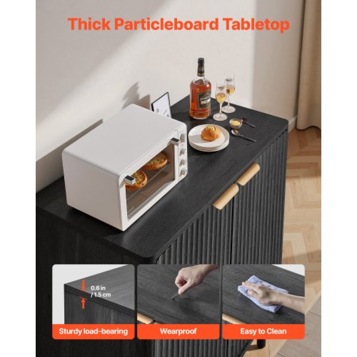 Ντουλάπα καφέ VEVOR, Τραπέζι Coffee Bar Mid Century με αυλακωτό τραπέζι με αποθηκευτικό χώρο 2 επιπέδων, ντουλάπι σε μπουφέ με πόρτα αχυρώνα, μπουφές μπουφέ για σαλόνι, είσοδος, 80 x 37,5 x 80 cm, μαύρο