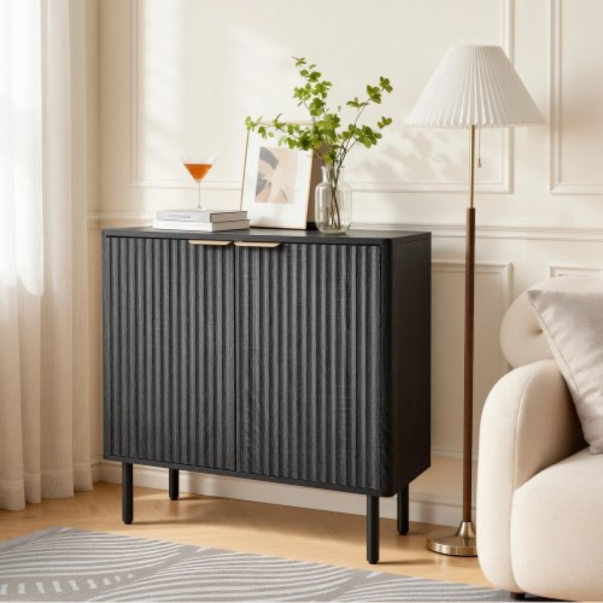 Ντουλάπα καφέ VEVOR, Τραπέζι Coffee Bar Mid Century με αυλακωτό τραπέζι με αποθηκευτικό χώρο 2 επιπέδων, ντουλάπι σε μπουφέ με πόρτα αχυρώνα, μπουφές μπουφέ για σαλόνι, είσοδος, 80 x 37,5 x 80 cm, μαύρο