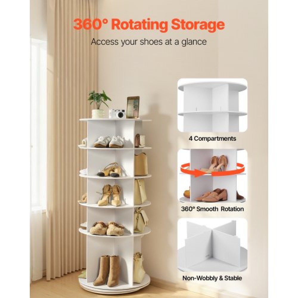 VEVOR 5 Tiers Rotating Shoe Rack Tower, 360° Spinning Shoe Rack, Revolving Storage Round Carousel Display, Freestanding Lazy Susan Organizer Display for Bedroom, Living Room, Entryway, Closet, White