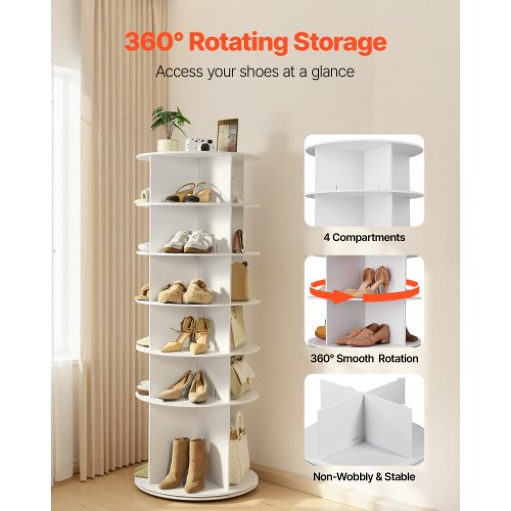 VEVOR 6 Tiers Rotating Shoe Rack Tower, 360° Spinning Shoe Rack, Revolving Storage Round Carousel Display, Freestanding Lazy Susan Organizer Display for Bedroom, Living Room, Entryway, Closet, White