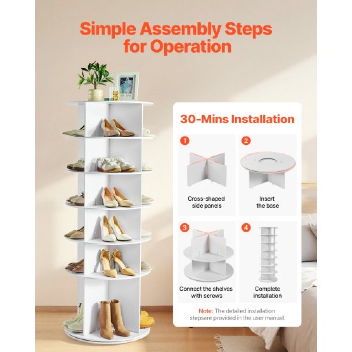 VEVOR Πύργος περιστρεφόμενου ραφιού παπουτσιών 6 επιπέδων, ράφι παπουτσιών περιστρεφόμενης 360°, περιστρεφόμενη αποθήκευση στρογγυλή οθόνη καρουζέλ, ανεξάρτητη οθόνη οργάνωσης Lazy Susan για Υπνοδωμάτιο, Σαλόνι, Είσοδος, Ντουλάπα, Λευκό