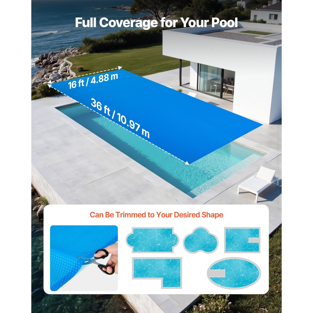 VEVOR Solar Pool Cover, 36 x 16 ft Rectangle Pool Bubble Cover, 12 Mil Pools Solar κουβέρτα με φυσαλίδες & υλικό PE, Απορρόφηση θερμότητας κατά τη διάρκεια της ημέρας, Διατήρηση θερμότητας τη νύχτα, ηλιακά καλύμματα διατήρησης θερμότητας, μπλε