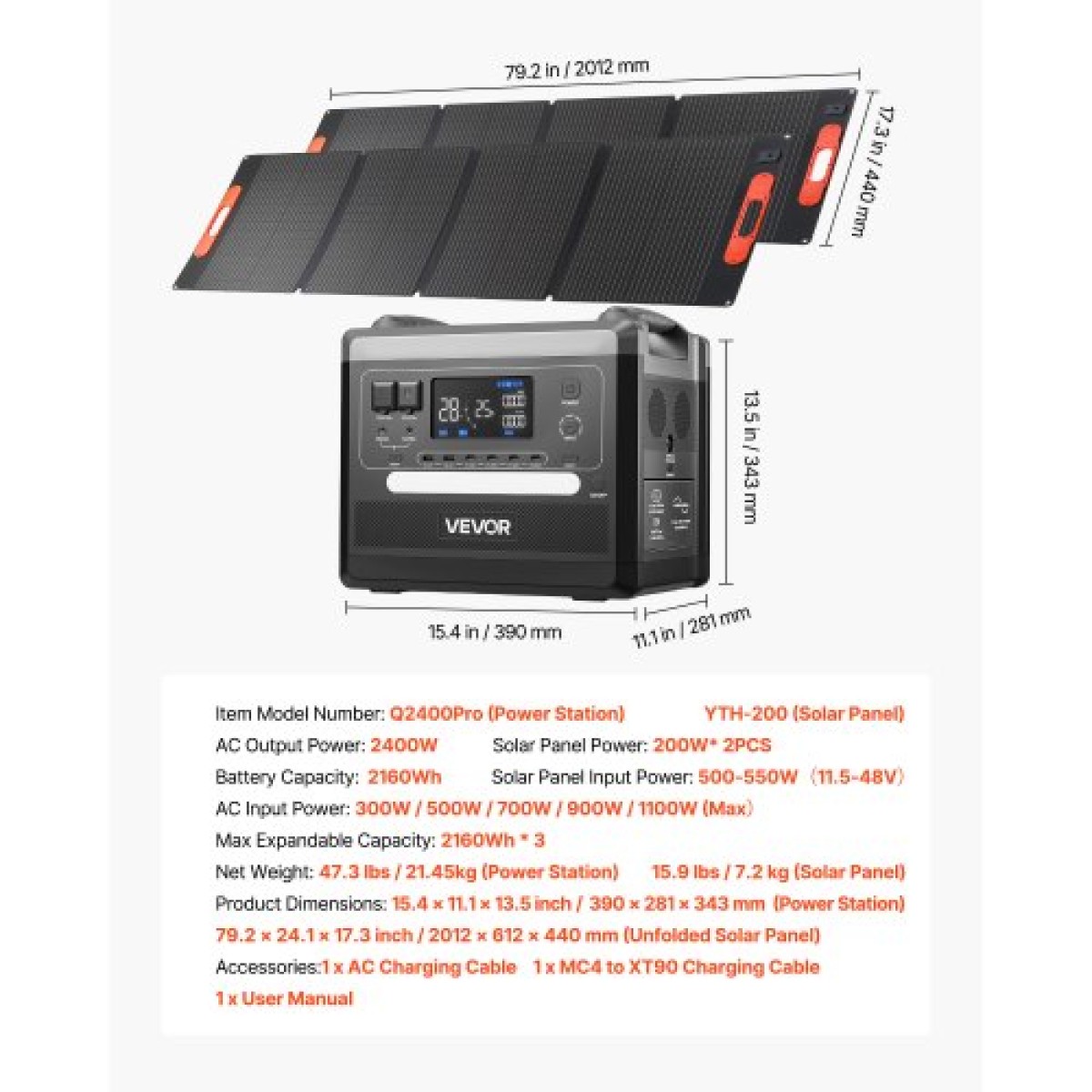 VEVOR Portable Power Station, Φορητή ηλιακή γεννήτρια 2400W με 2 τεμάχια * 200W αναδιπλούμενα ηλιακά πάνελ, 2160Wh επεκτάσιμη μπαταρία LiFePO4 εφεδρική με 10 θύρες εξόδου για Backup Home Outdoor Camping RV