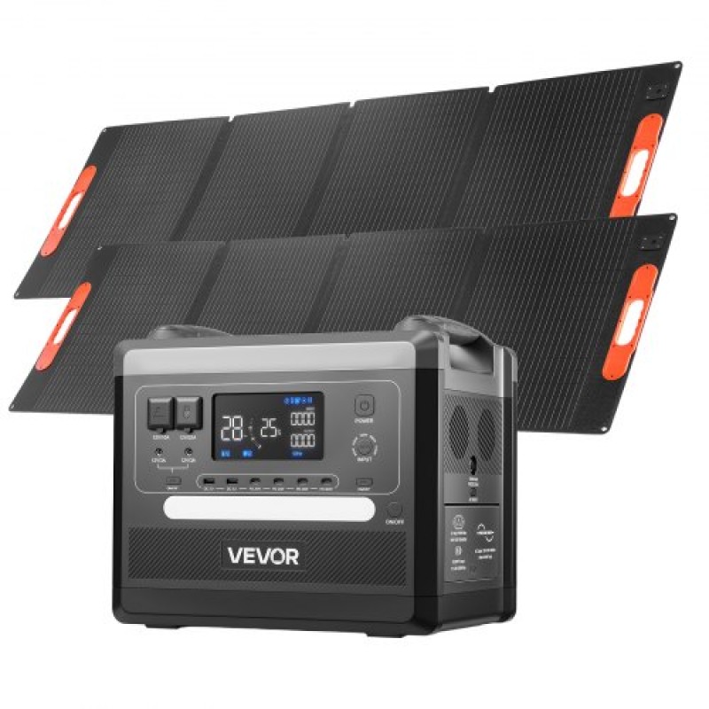 VEVOR Portable Power Station, Φορητή ηλιακή γεννήτρια 2400W με 2 τεμάχια * 200W αναδιπλούμενα ηλιακά πάνελ, 2160Wh επεκτάσιμη μπαταρία LiFePO4 εφεδρική με 10 θύρες εξόδου για Backup Home Outdoor Camping RV
