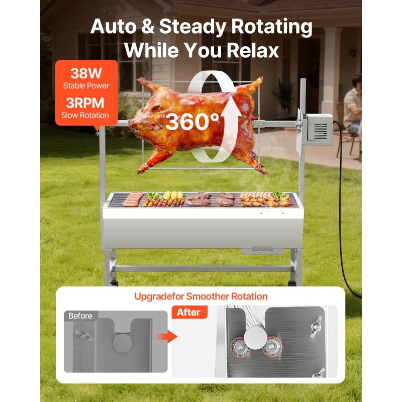 Ψητοπωλείο VEVOR, ψηστιέρα ψησίματος 38W BBQ εξωτερικού χώρου, Ψητό σούβλας με κάρβουνο με χωρητικότητα 60 κιλών, τροχούς & ύψος 7 επιπέδων, κιτ ψησταριάς ψησίματος από ανοξείδωτο ατσάλι για κάμπινγκ σε εξωτερικούς χώρους