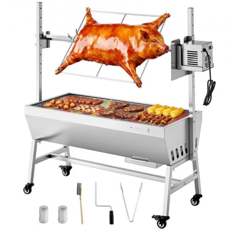 Ψητοπωλείο VEVOR, ψηστιέρα ψησίματος 38W BBQ εξωτερικού χώρου, Ψητό σούβλας με κάρβουνο με χωρητικότητα 60 κιλών, τροχούς & ύψος 7 επιπέδων, κιτ ψησταριάς ψησίματος από ανοξείδωτο ατσάλι για κάμπινγκ σε εξωτερικούς χώρους