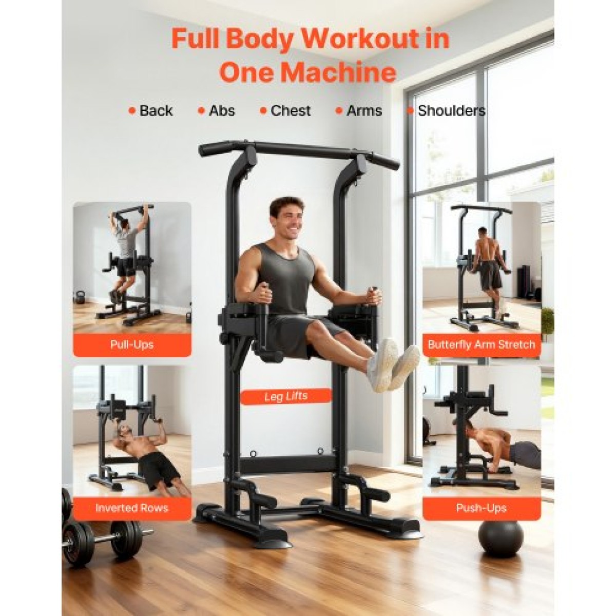 VEVOR Pull Up Bar, 150kg Power Tower Dip Station, Workout Dip Station με σταθερή βάση σε σχήμα H και μαξιλαράκι πλάτης, ρυθμιζόμενο ύψος 12 επιπέδων χωρίς όρθια μπάρα Chin Up για την πλάτη, 4 επίπεδα ρυθμιζόμενο μαξιλαράκι πλάτης