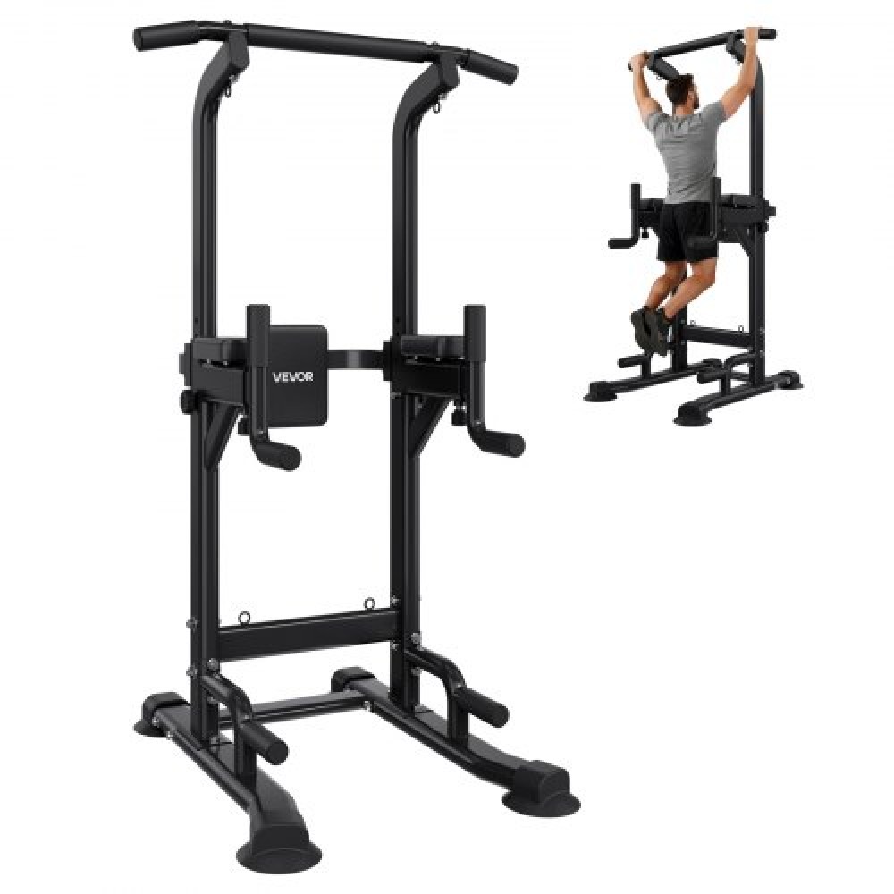 VEVOR Pull Up Bar, 150kg Power Tower Dip Station, Workout Dip Station with H-Shaped Stable Base & Back Pad, Adjustable 12 Level Height Free Standing Chin Up Bar for Back, 4-Level Adjustable Back Pad