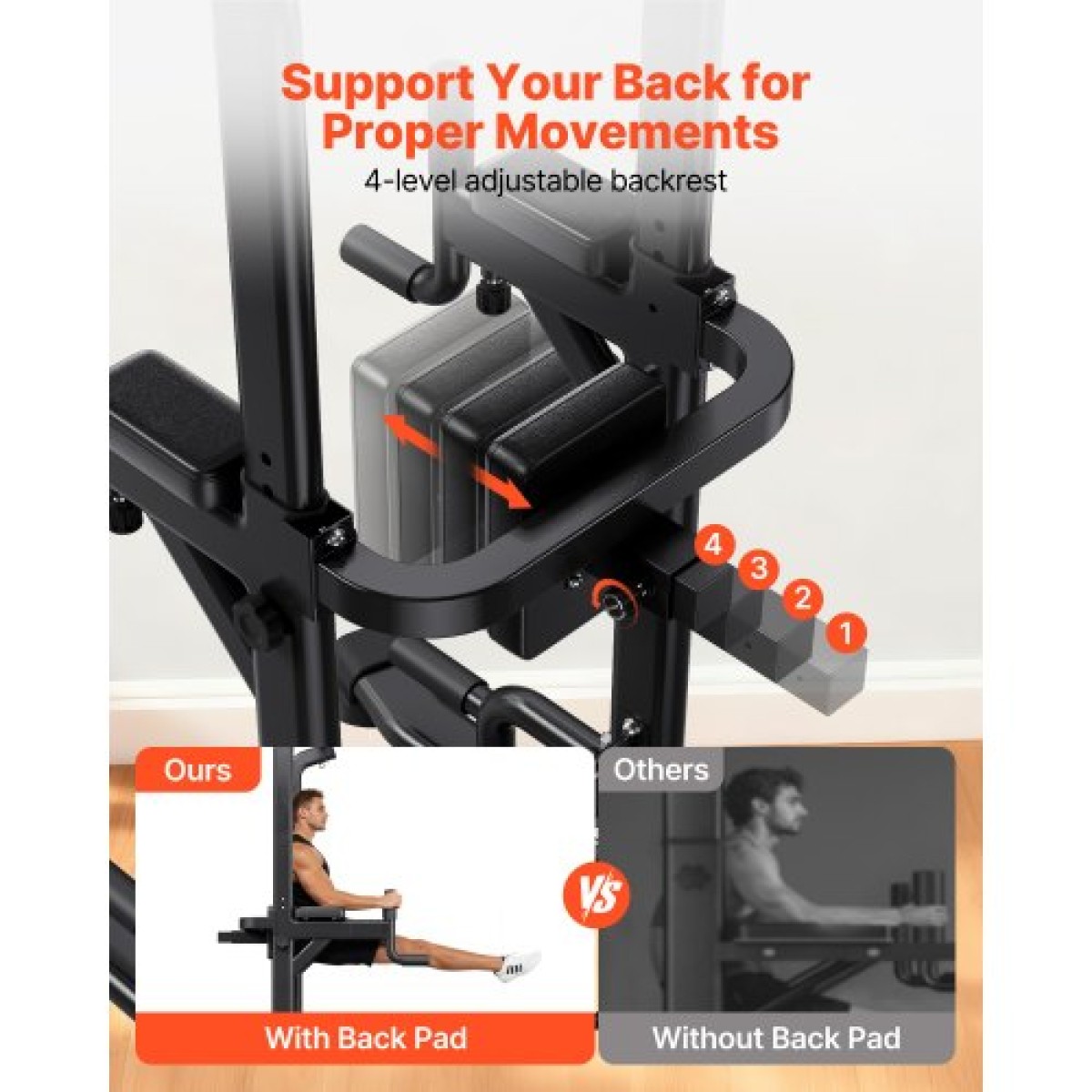 VEVOR Pull Up Bar, 150kg Power Tower Dip Station, Workout Dip Station με σταθερή βάση σε σχήμα H και μαξιλαράκι πλάτης, ρυθμιζόμενο ύψος 12 επιπέδων χωρίς όρθια μπάρα Chin Up για την πλάτη, 4 επίπεδα ρυθμιζόμενο μαξιλαράκι πλάτης
