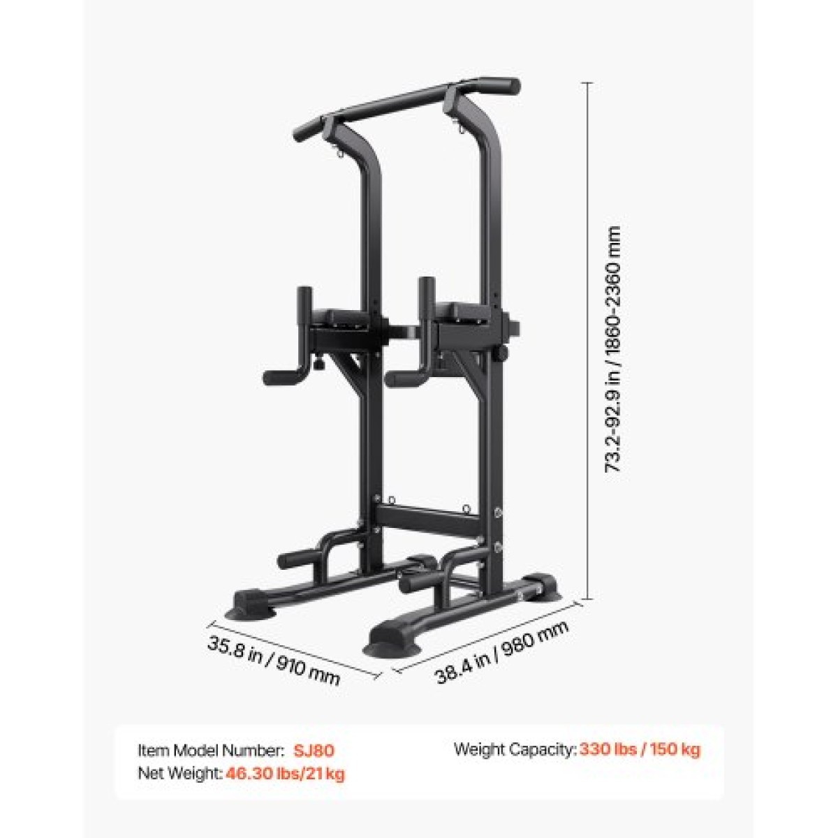 VEVOR Pull Up Bar, 150kg Power Tower Dip Station, Workout Dip Station με σταθερή βάση σε σχήμα H και μαξιλαράκι πλάτης, ρυθμιζόμενο ύψος 12 επιπέδων χωρίς όρθια μπάρα Chin Up για την πλάτη, 4 επίπεδα ρυθμιζόμενο μαξιλαράκι πλάτης