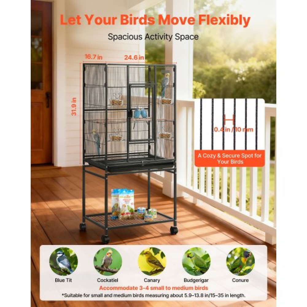 VEVOR Bird Cage, 625 x 425 x 1370 mm, Flat Top, Wrought Iron Bird Flight Cage with Perches, Slide-Out Tray and Plastic Feeders, Casters, for Parrot, Blue Tit, Cockatiel, Canary, Budgerigar, Conure