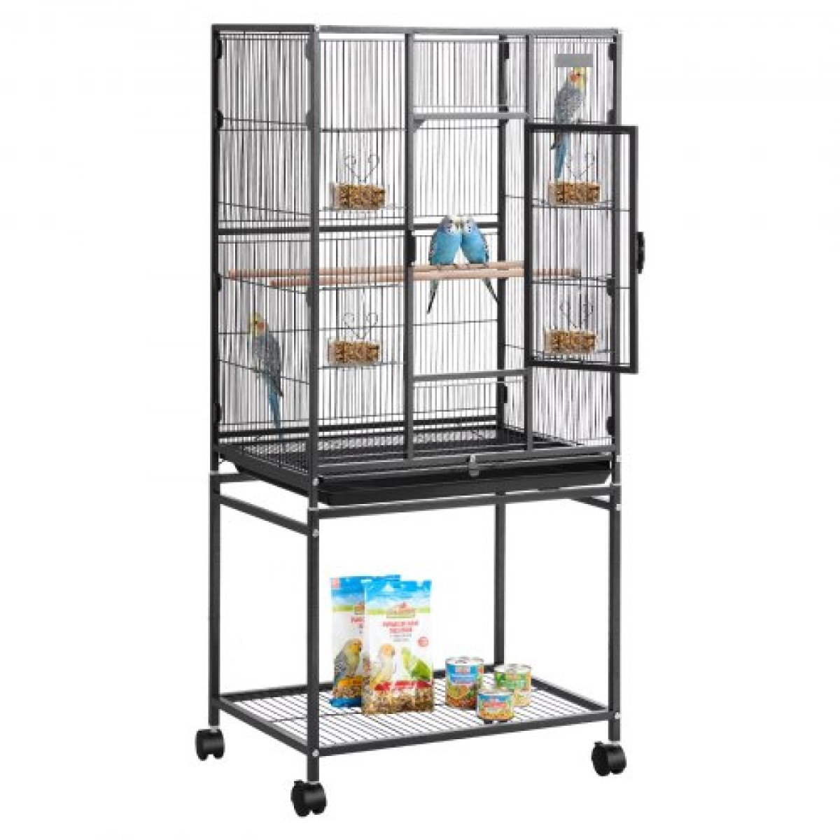 VEVOR Bird Cage, 625 x 425 x 1370 mm, Flat Top, Wrought Iron Bird Flight Cage with Perches, Slide-Out Tray and Plastic Feeders, Casters, for Parrot, Blue Tit, Cockatiel, Canary, Budgerigar, Conure