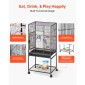 VEVOR Bird Cage, 625 x 425 x 1370 mm, Flat Top, Wrought Iron Bird Flight Cage with Perches, Slide-Out Tray and Plastic Feeders, Casters, for Parrot, Blue Tit, Cockatiel, Canary, Budgerigar, Conure
