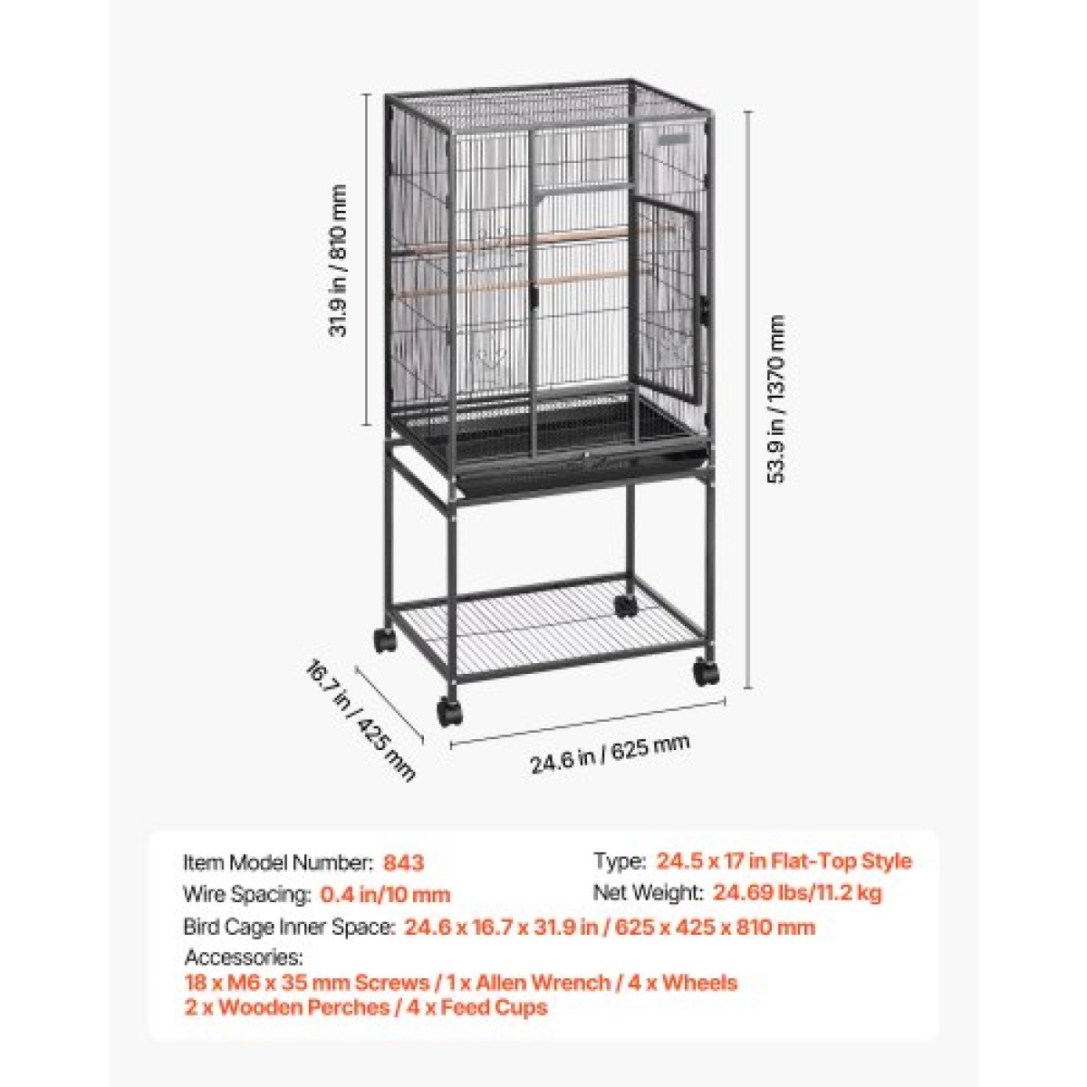 VEVOR Bird Cage, 625 x 425 x 1370 mm, Flat Top, Wrought Iron Bird Flight Cage with Perches, Slide-Out Tray and Plastic Feeders, Casters, for Parrot, Blue Tit, Cockatiel, Canary, Budgerigar, Conure