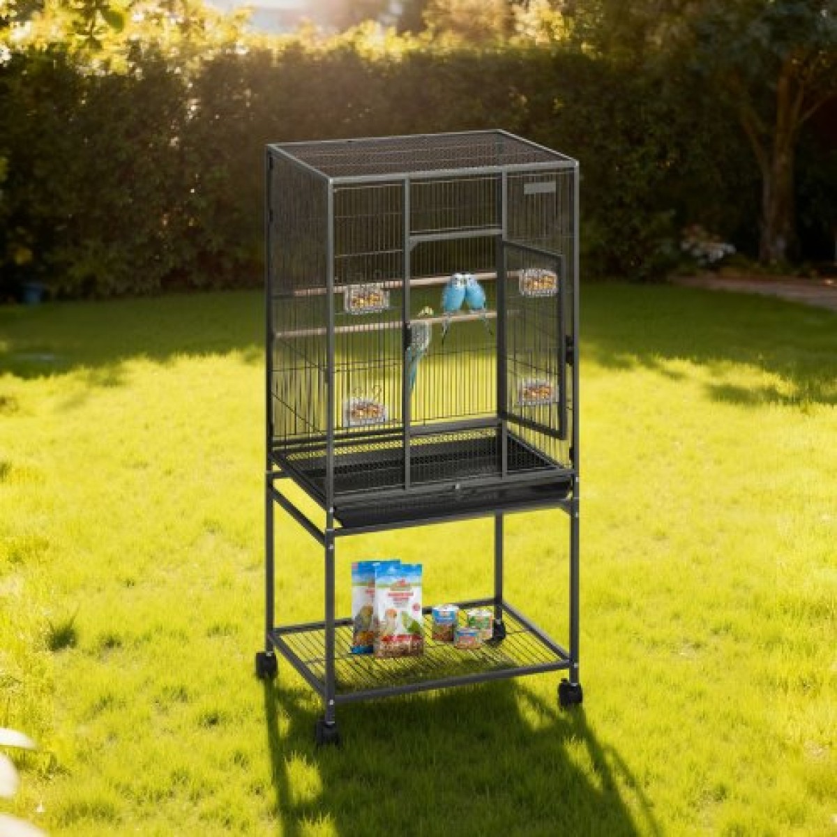VEVOR Bird Cage, 625 x 425 x 1370 mm, Flat Top, Wrought Iron Bird Flight Cage with Perches, Slide-Out Tray and Plastic Feeders, Casters, for Parrot, Blue Tit, Cockatiel, Canary, Budgerigar, Conure