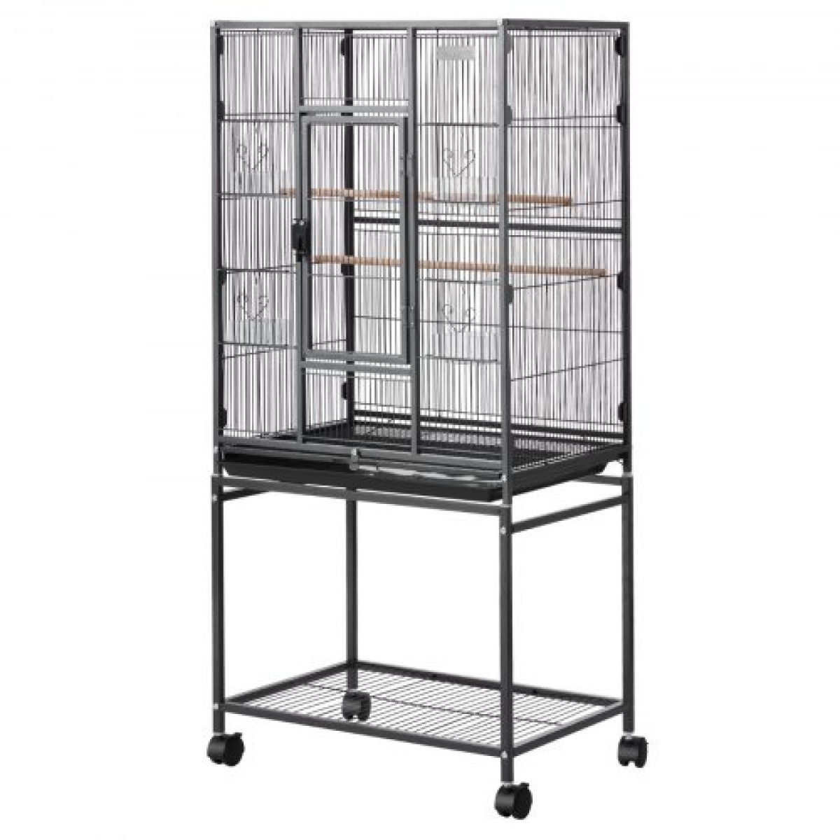 VEVOR Bird Cage, 625 x 425 x 1370 mm, Flat Top, Wrought Iron Bird Flight Cage with Perches, Slide-Out Tray and Plastic Feeders, Casters, for Parrot, Blue Tit, Cockatiel, Canary, Budgerigar, Conure