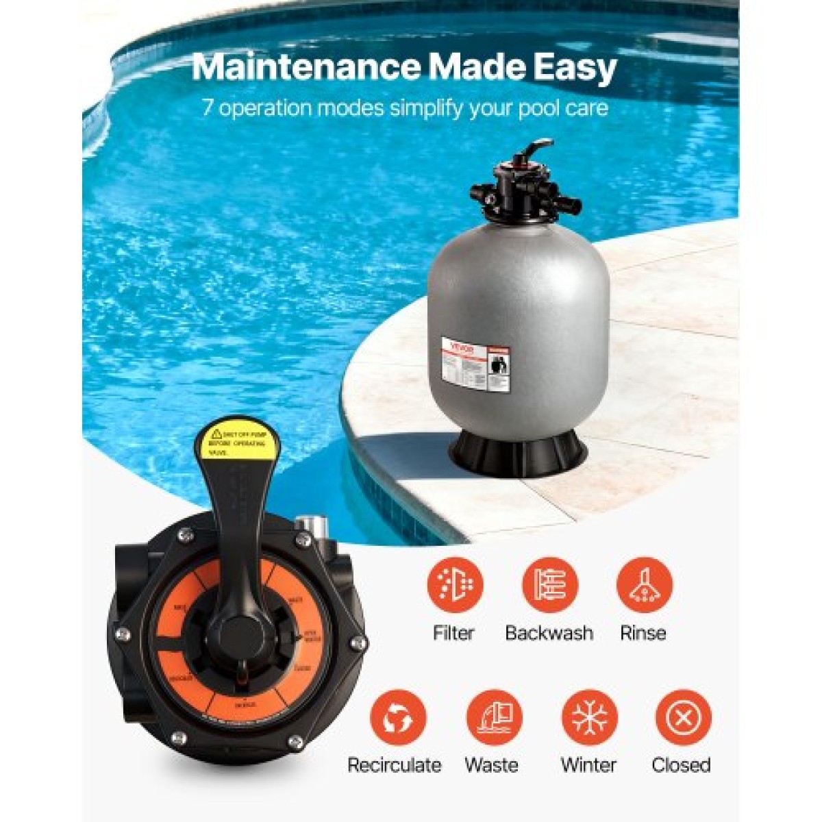 Φίλτρο άμμου VEVOR, 609,6 mm, 246,1 LPM Above Inground Pool Sand Filter System, με βαλβίδα πολλαπλών θυρών 7 κατευθύνσεων, Backwash, Rinse, Reciculate, Waste, Winter, Closet Mode, for Above In Pool Pool