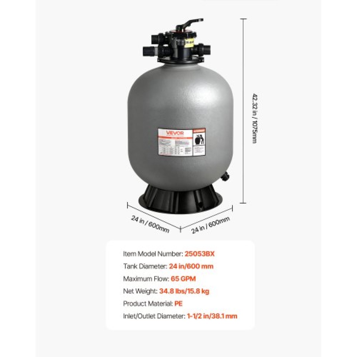 Φίλτρο άμμου VEVOR, 609,6 mm, 246,1 LPM Above Inground Pool Sand Filter System, με βαλβίδα πολλαπλών θυρών 7 κατευθύνσεων, Backwash, Rinse, Reciculate, Waste, Winter, Closet Mode, for Above In Pool Pool