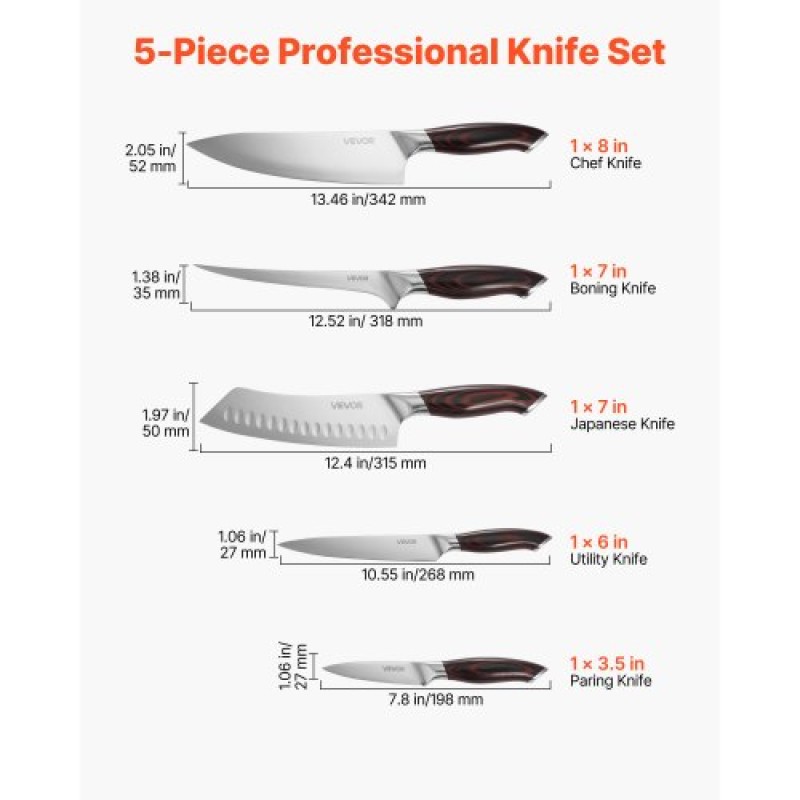 VEVOR Kitchen Knife Set, 5 Piece High Carbon Stainless Steel Sharp Knife Set, Durable and Rust-Resistant, Professional Kitchen Cutlery with Ergonomic Crack-Resistant Handle, for Precise Cutting