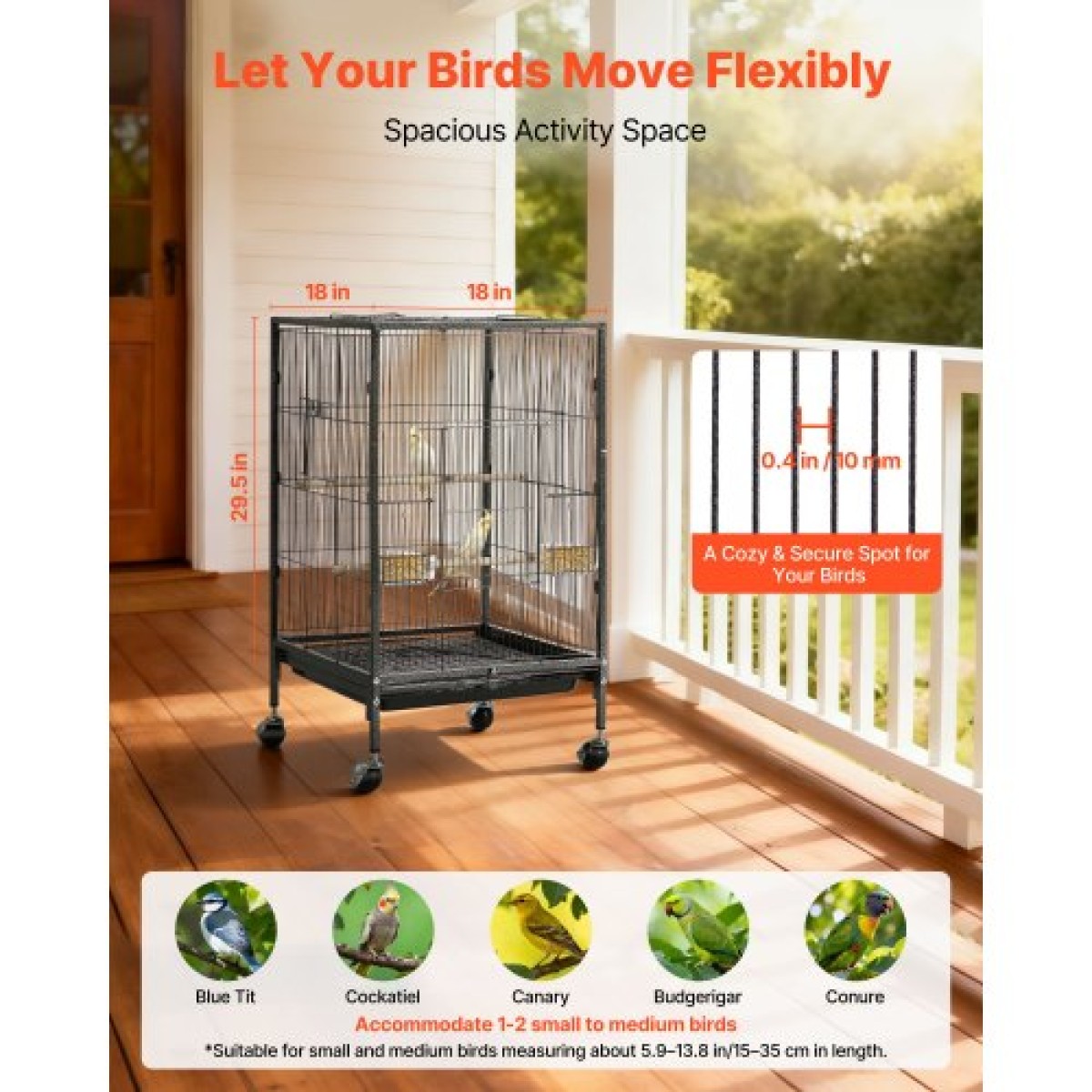 VEVOR Bird Cage, 460 x 460 x 770 mm, Ανοιχτή επίπεδη κορυφή, σφυρήλατο σίδηρο Κλουβί πτήσης πουλιών με κούρνιες, συρόμενος δίσκος και πλαστικοί τροφοδότες, τροχίσκοι, για παπαγάλους, μπλε βυζιά, κοκατίλ, καναρίνι, μπαχαρικά, κονούρα