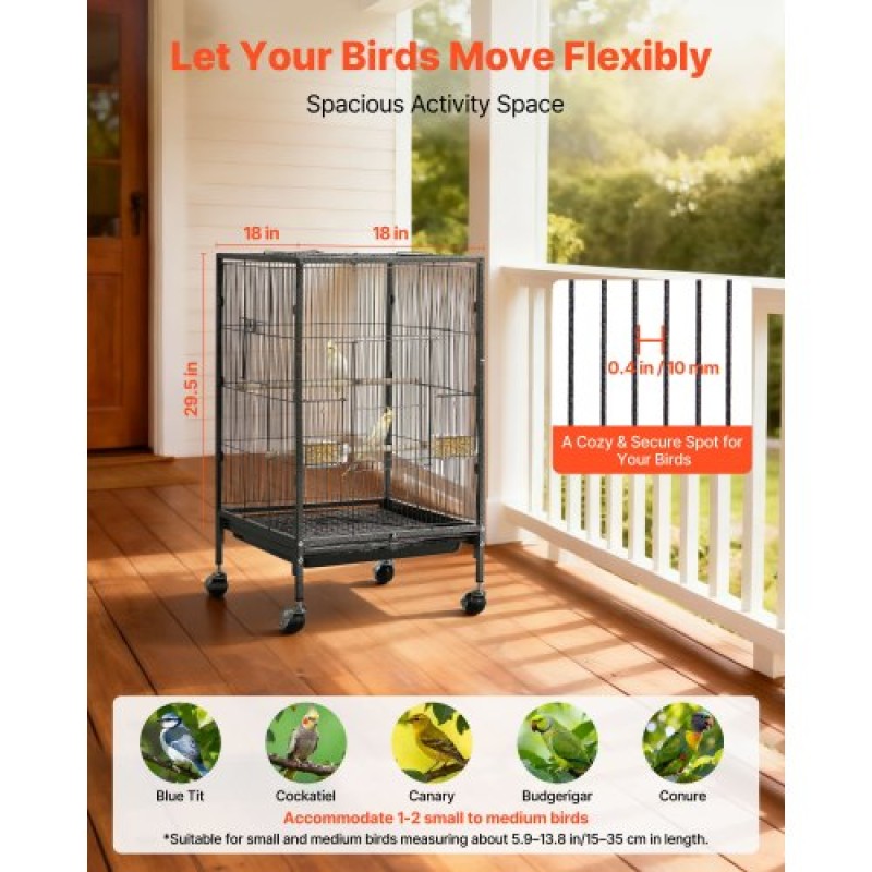VEVOR Bird Cage, 460 x 460 x 770 mm, Open Flat Top, Wrought Iron Bird Flight Cage with Perches, Slide-Out Tray and Plastic Feeders, Casters, for Parrot, Blue Tit, Cockatiel, Canary, Budgerigar, Conure
