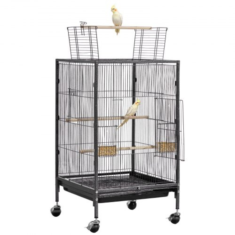 VEVOR Bird Cage, 460 x 460 x 770 mm, Open Flat Top, Wrought Iron Bird Flight Cage with Perches, Slide-Out Tray and Plastic Feeders, Casters, for Parrot, Blue Tit, Cockatiel, Canary, Budgerigar, Conure