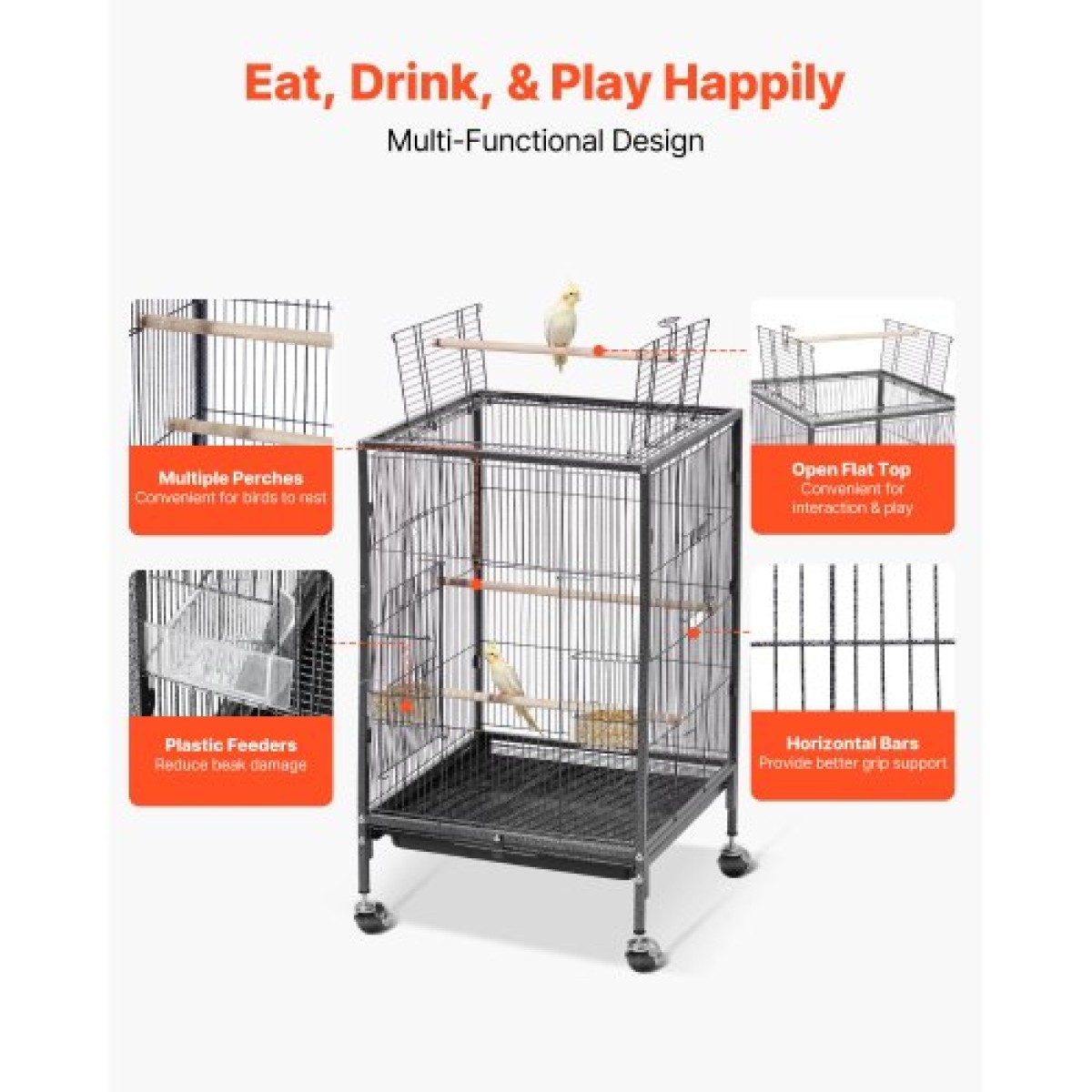 VEVOR Bird Cage, 460 x 460 x 770 mm, Ανοιχτή επίπεδη κορυφή, σφυρήλατο σίδηρο Κλουβί πτήσης πουλιών με κούρνιες, συρόμενος δίσκος και πλαστικοί τροφοδότες, τροχίσκοι, για παπαγάλους, μπλε βυζιά, κοκατίλ, καναρίνι, μπαχαρικά, κονούρα