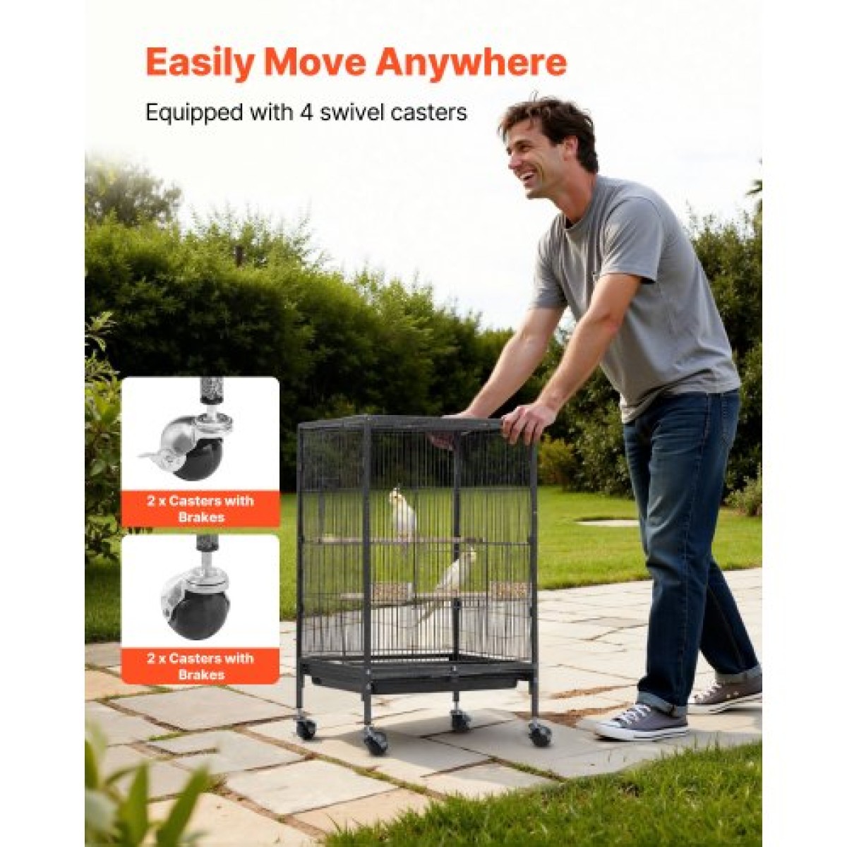 VEVOR Bird Cage, 460 x 460 x 770 mm, Ανοιχτή επίπεδη κορυφή, σφυρήλατο σίδηρο Κλουβί πτήσης πουλιών με κούρνιες, συρόμενος δίσκος και πλαστικοί τροφοδότες, τροχίσκοι, για παπαγάλους, μπλε βυζιά, κοκατίλ, καναρίνι, μπαχαρικά, κονούρα