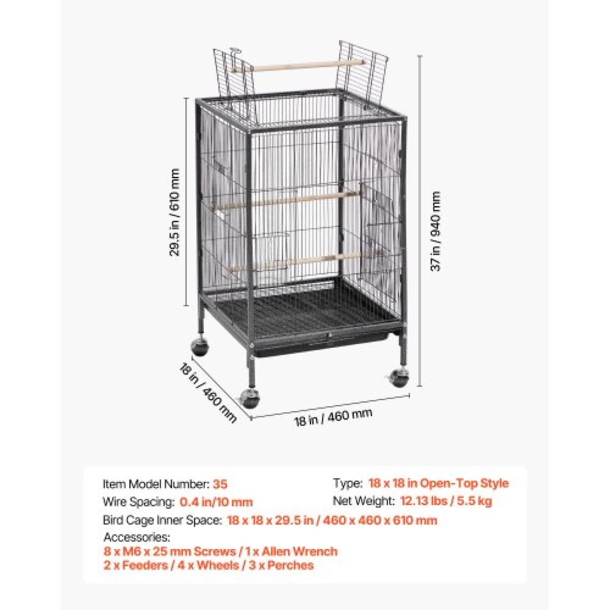VEVOR Bird Cage, 460 x 460 x 770 mm, Ανοιχτή επίπεδη κορυφή, σφυρήλατο σίδηρο Κλουβί πτήσης πουλιών με κούρνιες, συρόμενος δίσκος και πλαστικοί τροφοδότες, τροχίσκοι, για παπαγάλους, μπλε βυζιά, κοκατίλ, καναρίνι, μπαχαρικά, κονούρα