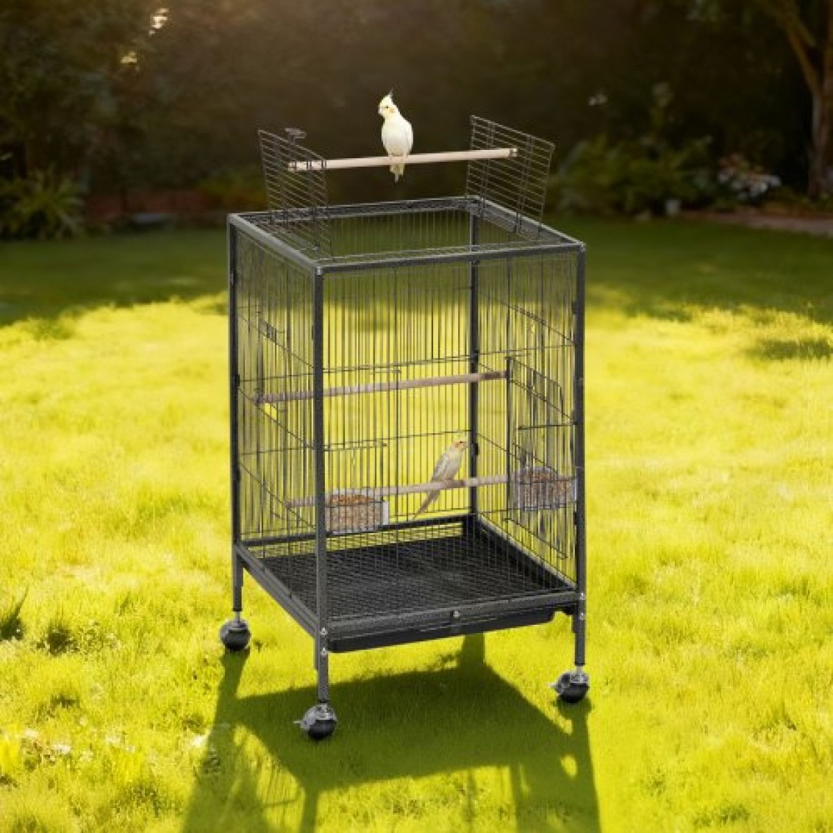 VEVOR Bird Cage, 460 x 460 x 770 mm, Ανοιχτή επίπεδη κορυφή, σφυρήλατο σίδηρο Κλουβί πτήσης πουλιών με κούρνιες, συρόμενος δίσκος και πλαστικοί τροφοδότες, τροχίσκοι, για παπαγάλους, μπλε βυζιά, κοκατίλ, καναρίνι, μπαχαρικά, κονούρα