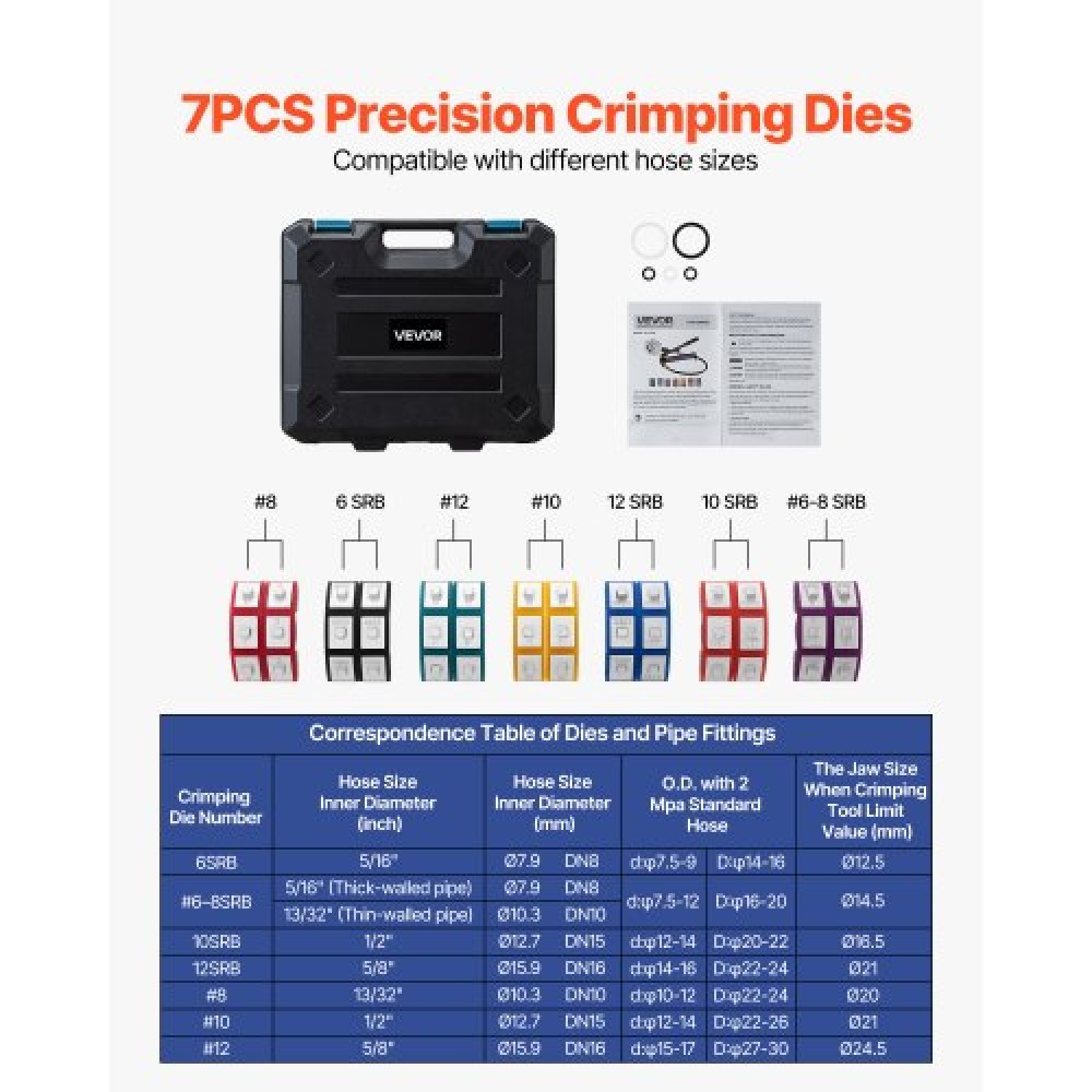 VEVOR Hydraulic Hose Crimper, Hydra-Krimp AC Hose Crimper Kit with 7 Dies Snap-On & Carrying Case, Hydraulic A/C Hoses Crimping Tool for Automotive & Air Conditioning Repair (Split with Manual Pump)