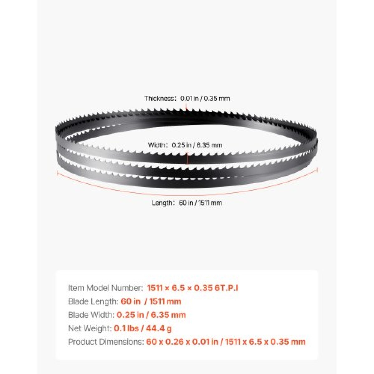 Λεπίδα πριονοκορδέλας VEVOR, μήκος 1511 mm, λεπίδα πριονιού ταινίας 6 TPI με 15 σκληρυμένα αιχμηρά δόντια HRC, ανθρακούχο ατσάλι υψηλής αντοχής SK5, πλάτος 6,35 mm, αντικατάσταση για μεγάλες μάρκες πριονιού για ξυλουργική επεξεργασία, 1 πακέτο