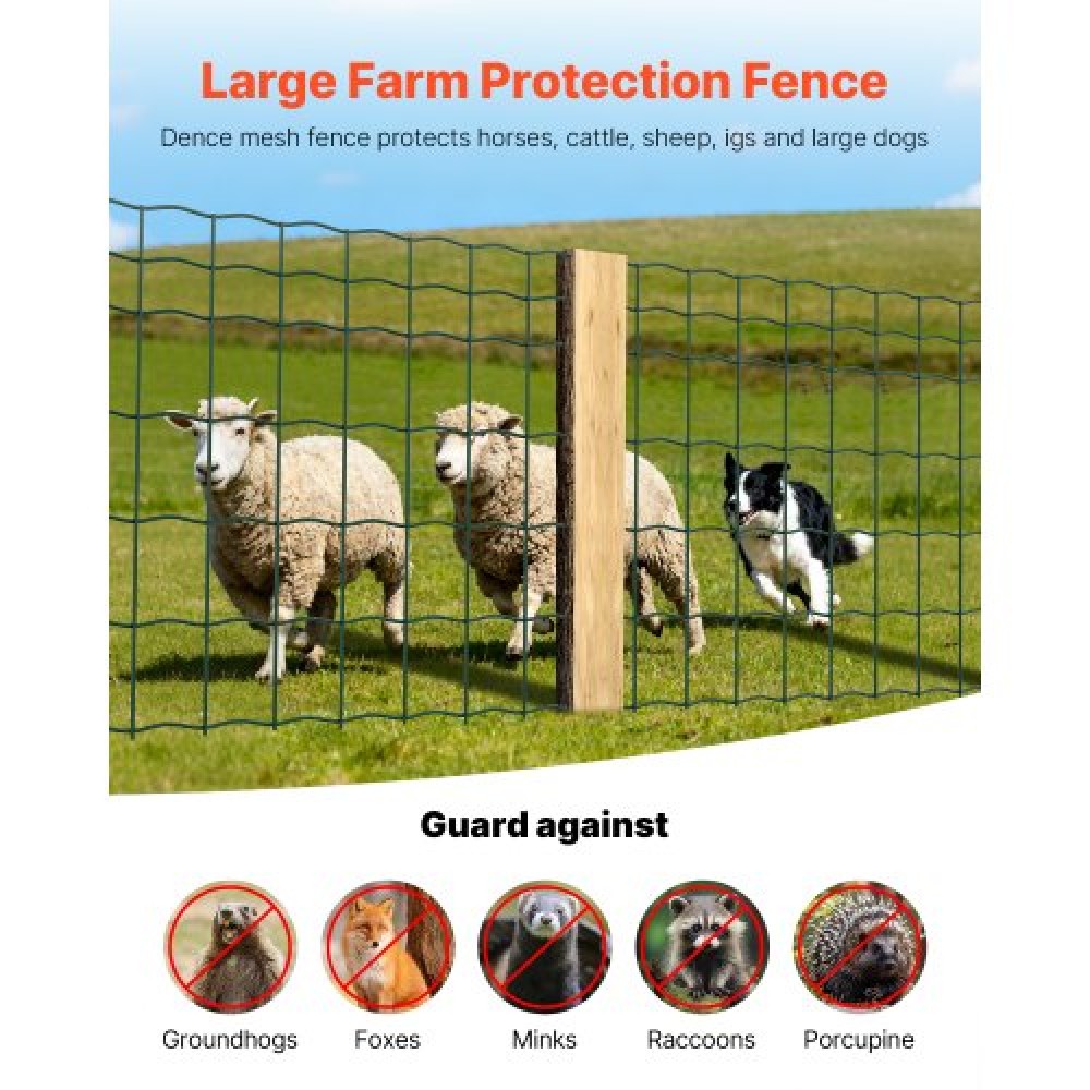 VEVOR Farm Fence, 1 x 20 m, 4 x 4 in Mesh Περίφραξη από γαλβανισμένο ατσάλινο σύρμα 2,1 mm για βοοειδή, γουρούνια και πρόβατα, βαρέως τύπου περίφραξη ζώων με επίστρωση βινυλίου για περιβλήματα ζώων, σύρμα κλουβιού, φράχτες κήπου, πράσινο