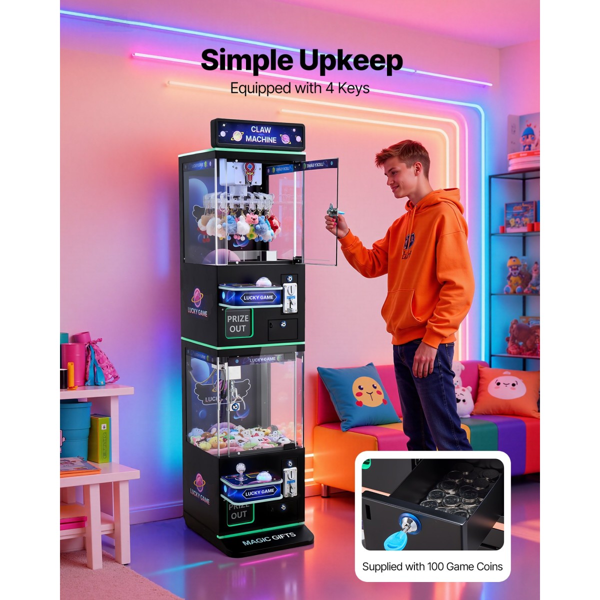 Μηχάνημα VEVOR Claw Crane, Παιχνιδομηχανή Arcade μεσαίου μεγέθους με Claw + Grabber Double Layer, Light & Sound, Toy Candy Grabber Prize Dispenser Toy αυτόματης πώλησης, για εμπορικούς οικιακούς κινηματογράφους, Μαύρο Μωβ