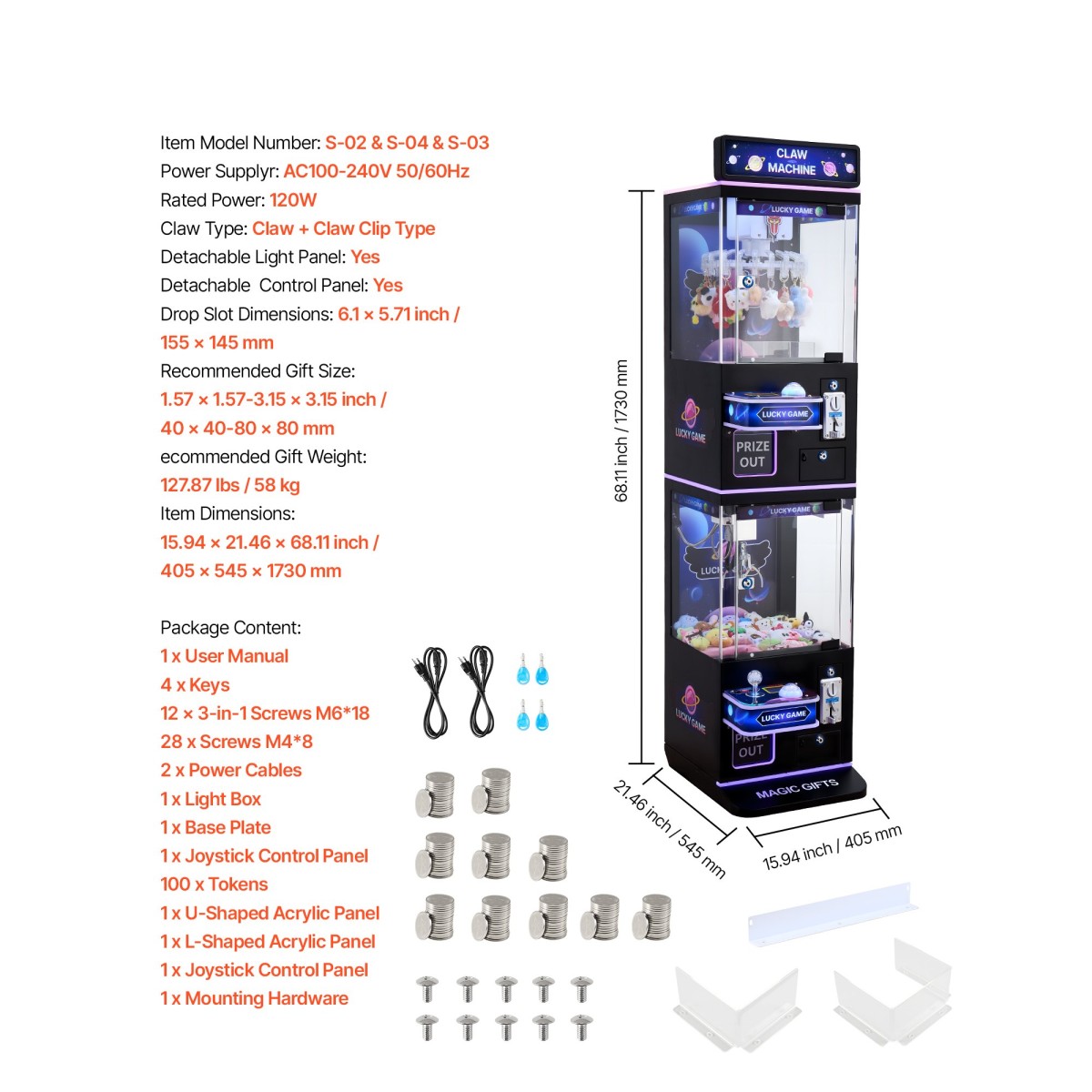 Μηχάνημα VEVOR Claw Crane, Παιχνιδομηχανή Arcade μεσαίου μεγέθους με Claw + Grabber Double Layer, Light & Sound, Toy Candy Grabber Prize Dispenser Toy αυτόματης πώλησης, για εμπορικούς οικιακούς κινηματογράφους, Μαύρο Μωβ
