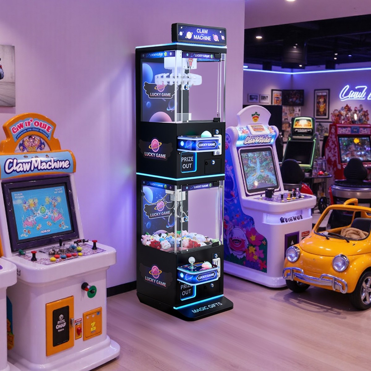 Μηχάνημα VEVOR Claw Crane, Παιχνιδομηχανή Arcade μεσαίου μεγέθους με Claw + Grabber Double Layer, Light & Sound, Toy Candy Grabber Prize Dispenser Toy αυτόματης πώλησης, για εμπορικούς οικιακούς κινηματογράφους, Μαύρο Μωβ