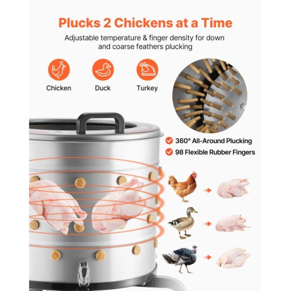 VEVOR Chicken Plucker Machine, 500mm Drum, 900W & 230RPM Electric Chicken Plucking Machine with 98 Soft Fingers & Transport Wheels, Stainless Steel Feather Remover for Processing 2 Chicks Once