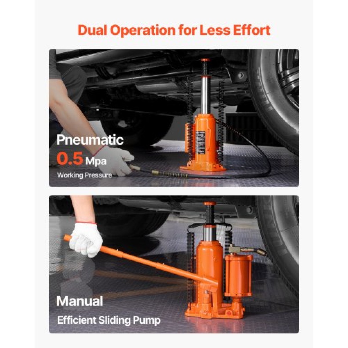 VEVOR Air Hydraulic Bottle Jack, μέγιστη χωρητικότητα φορτίου 12 τόννων, εύρος ανύψωσης 265-505 mm, πνευματικός/χειροκίνητος συγκολλημένος γρύλος φιάλης βαρέως τύπου με αντλία χειρός για επισκευή αυτοκινήτων SUV, Pickup, φορτηγών και αυτοκινήτων, πορτοκαλ