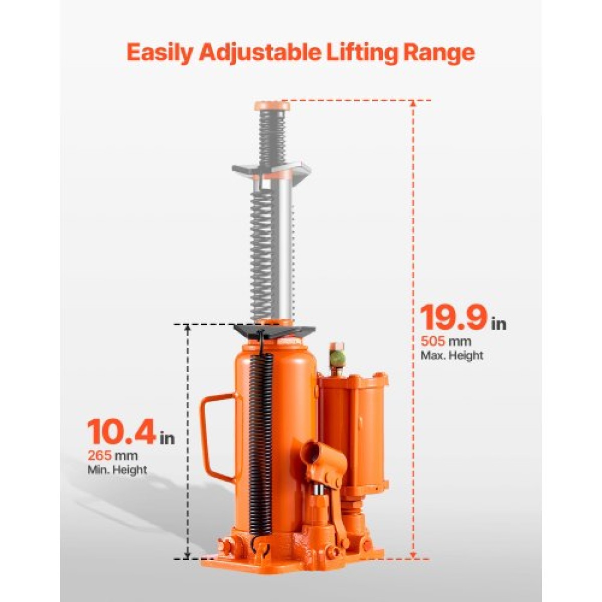 VEVOR Air Hydraulic Bottle Jack, μέγιστη χωρητικότητα φορτίου 12 τόννων, εύρος ανύψωσης 265-505 mm, πνευματικός/χειροκίνητος συγκολλημένος γρύλος φιάλης βαρέως τύπου με αντλία χειρός για επισκευή αυτοκινήτων SUV, Pickup, φορτηγών και αυτοκινήτων, πορτοκαλ
