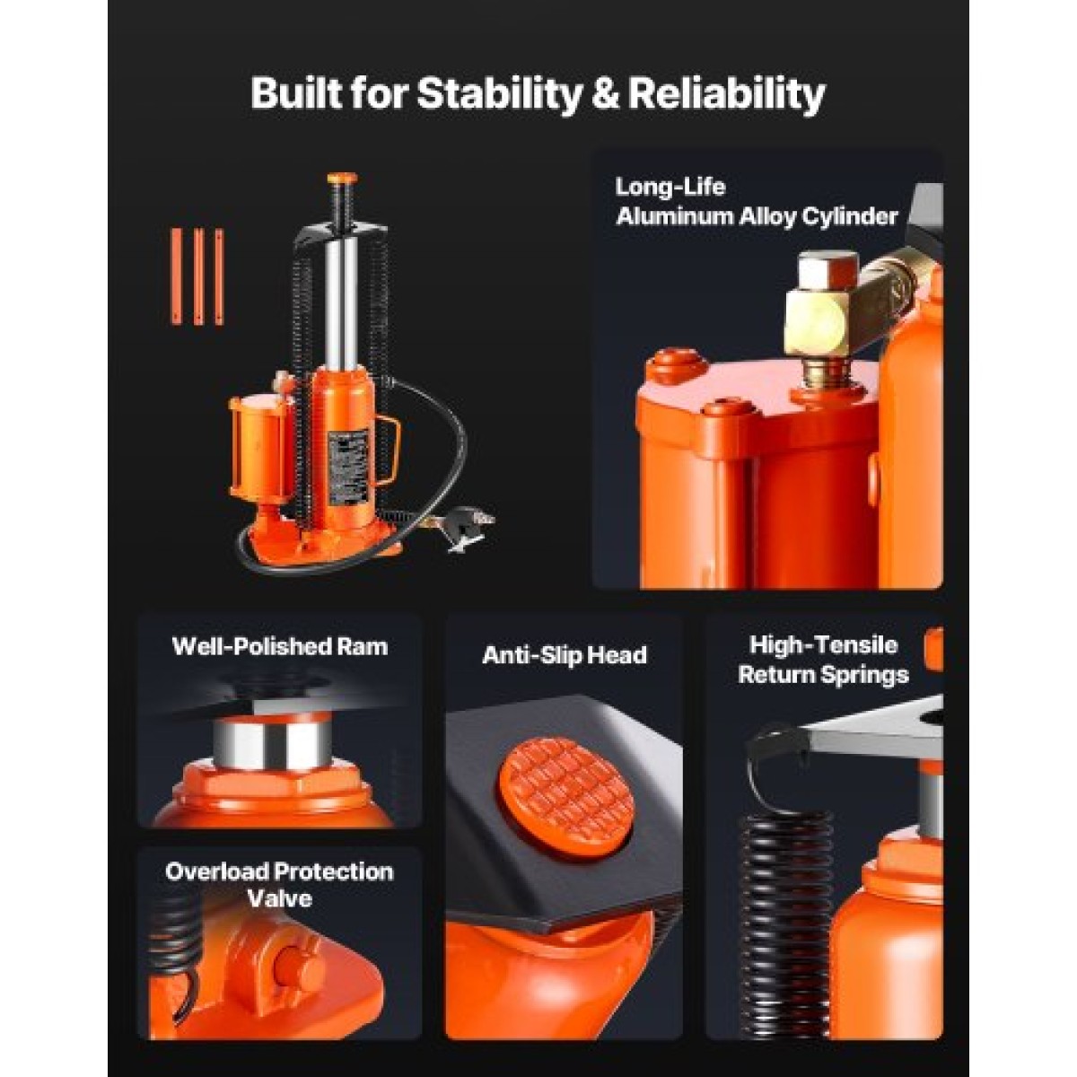 VEVOR Air Hydraulic Bottle Jack, μέγιστη χωρητικότητα φορτίου 12 τόννων, εύρος ανύψωσης 265-505 mm, πνευματικός/χειροκίνητος συγκολλημένος γρύλος φιάλης βαρέως τύπου με αντλία χειρός για επισκευή αυτοκινήτων SUV, Pickup, φορτηγών και αυτοκινήτων, πορτοκαλ