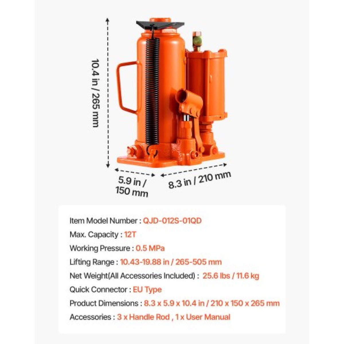 VEVOR Air Hydraulic Bottle Jack, μέγιστη χωρητικότητα φορτίου 12 τόννων, εύρος ανύψωσης 265-505 mm, πνευματικός/χειροκίνητος συγκολλημένος γρύλος φιάλης βαρέως τύπου με αντλία χειρός για επισκευή αυτοκινήτων SUV, Pickup, φορτηγών και αυτοκινήτων, πορτοκαλ